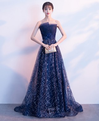 sequinned messy lines navy tulle strapless party gown
