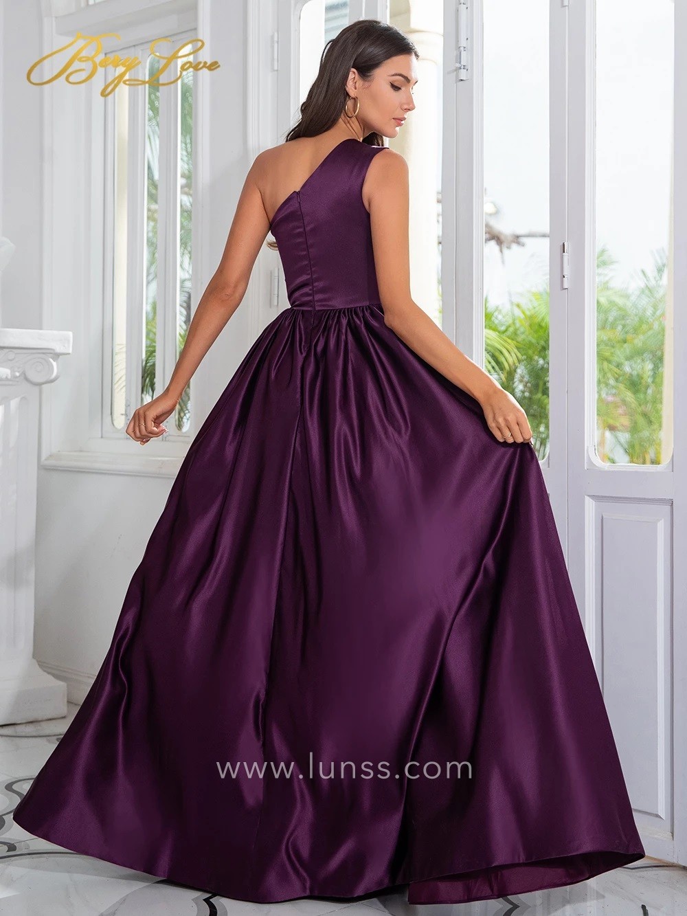 single shoulder purple satin long prom dress