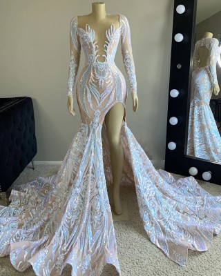 sparkly iridescent blue sequin split mermaid prom gown