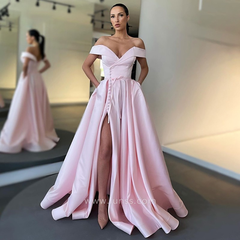split blushing pink satin off the shoulder buttons prom dress