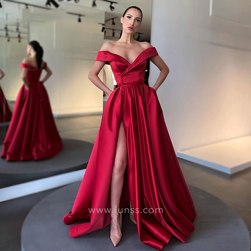 split ruby satin off the shoulder buttons prom dress