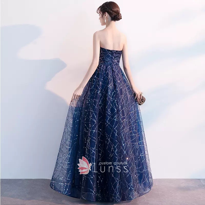 strapless neck sequinned navy prom dress