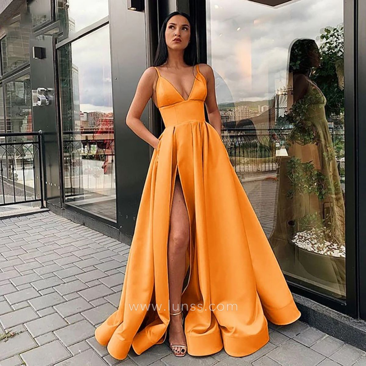 tangerine satin sexy slit empire waist prom dress tangerine satin sexy slit empire waist prom dress