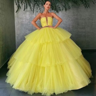 tiered yellow tulle princess ball gown formal dress