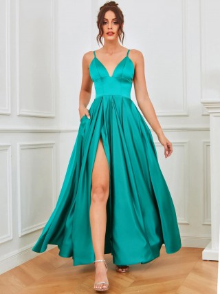 turquoise satin slit a line simple maxi prom party dress