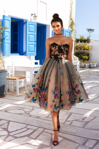 3d butterflies on black tulle champagne cocktail dress