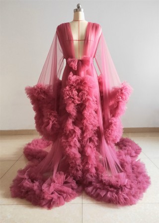 amazing wine red ruffled tulle maternity robe dress