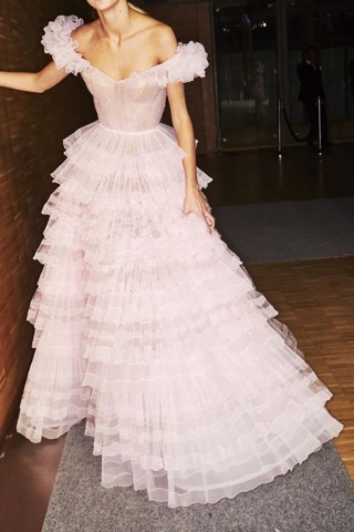 charming ruffled off shoulder tiered pink birthday dress