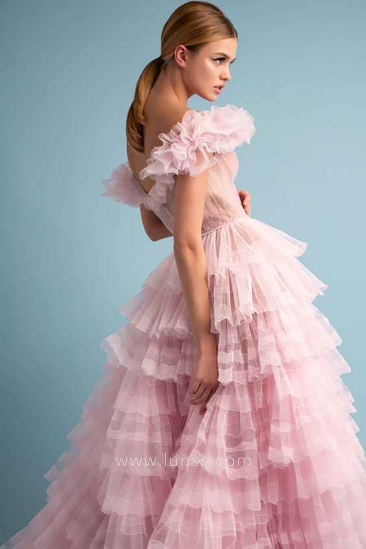 charming ruffled organza off the shoulder tiered princess party dress