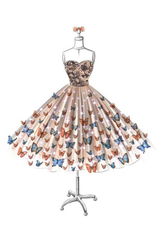 designer sketch of 3d butterflies short party dress