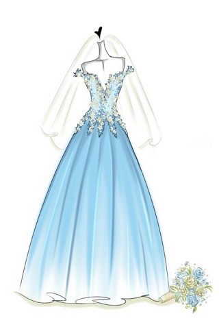 designer sketch of 3d floral appliqued blue formal gown
