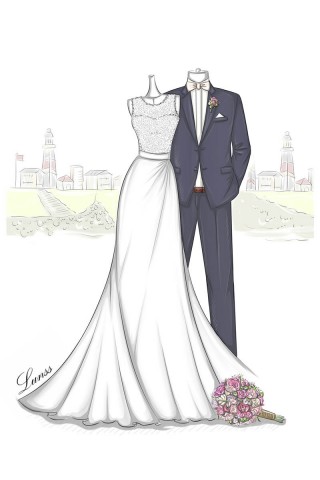 designer sketch of bridal dress and groom tailored suit
