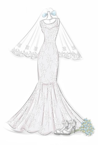 designer sketch of floral appliqued trumpet wedding gown