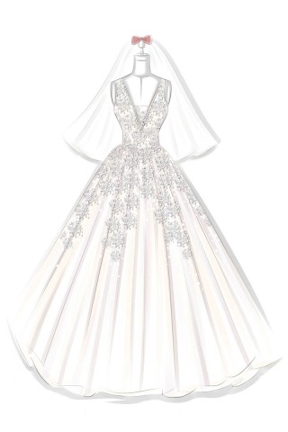 designer sketch of floral lace appliqued formal gown