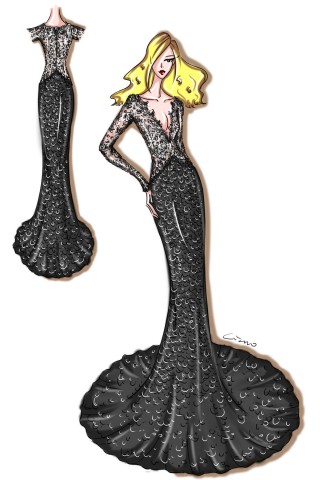 designer sketch of illuson black lace evening dress