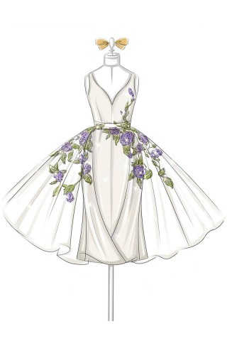designer sketch of purple flowers adorned short dress