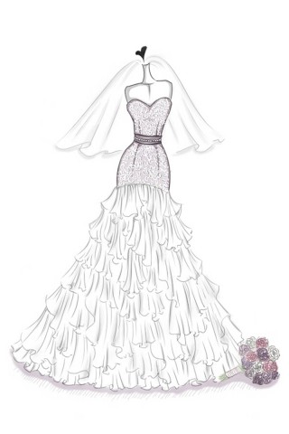 designer sketch of ruffled wedding gown