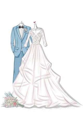 designer sketch of wedding dress and groom suit