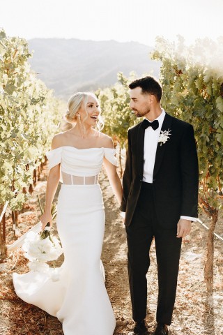 draped off the shoulder ivory satin mermaid bridal dress