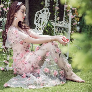 fairytale pink 3d flowers sheer long birthday party dress