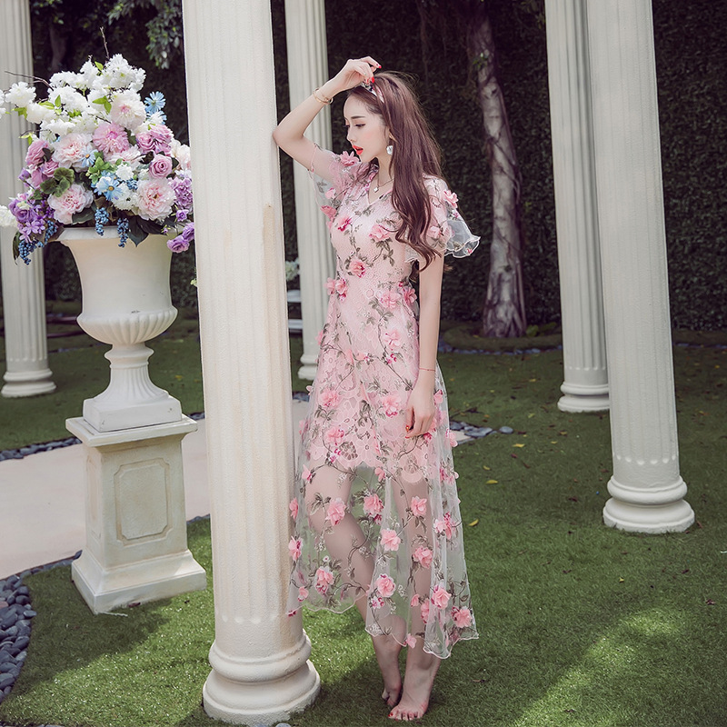 fairytale pink flowers sheer party dress