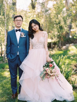 floral illusion lace and flounced tulle wedding gown