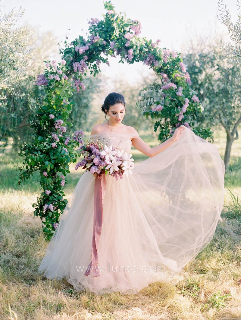 flowy blush tulle long spring outdoor bridal dress