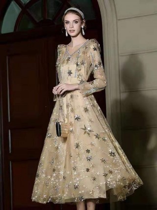 gold sequin stars glitter tulle tea length birthday dress