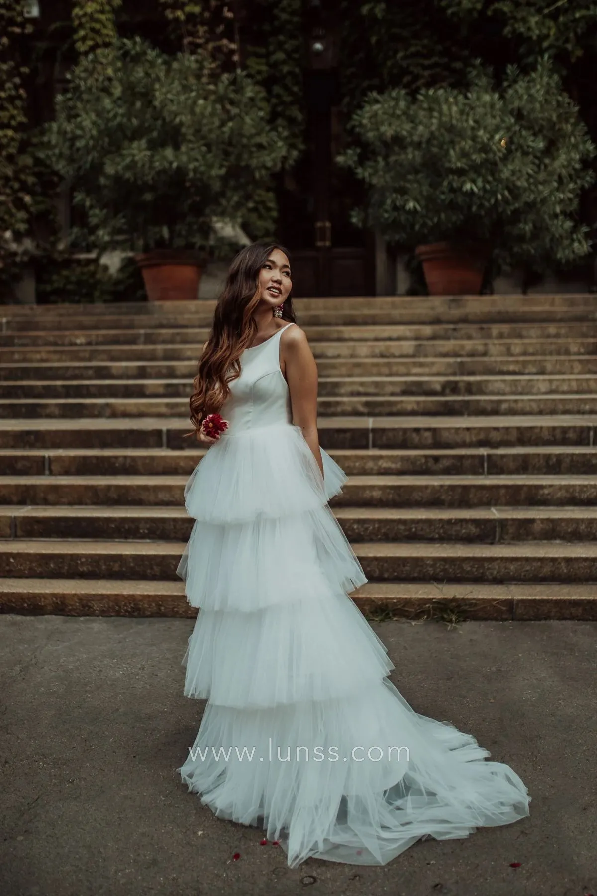 Boho Tiered Tulle Wedding Dress - V Neck Slip Dress With Adjustable Straps
