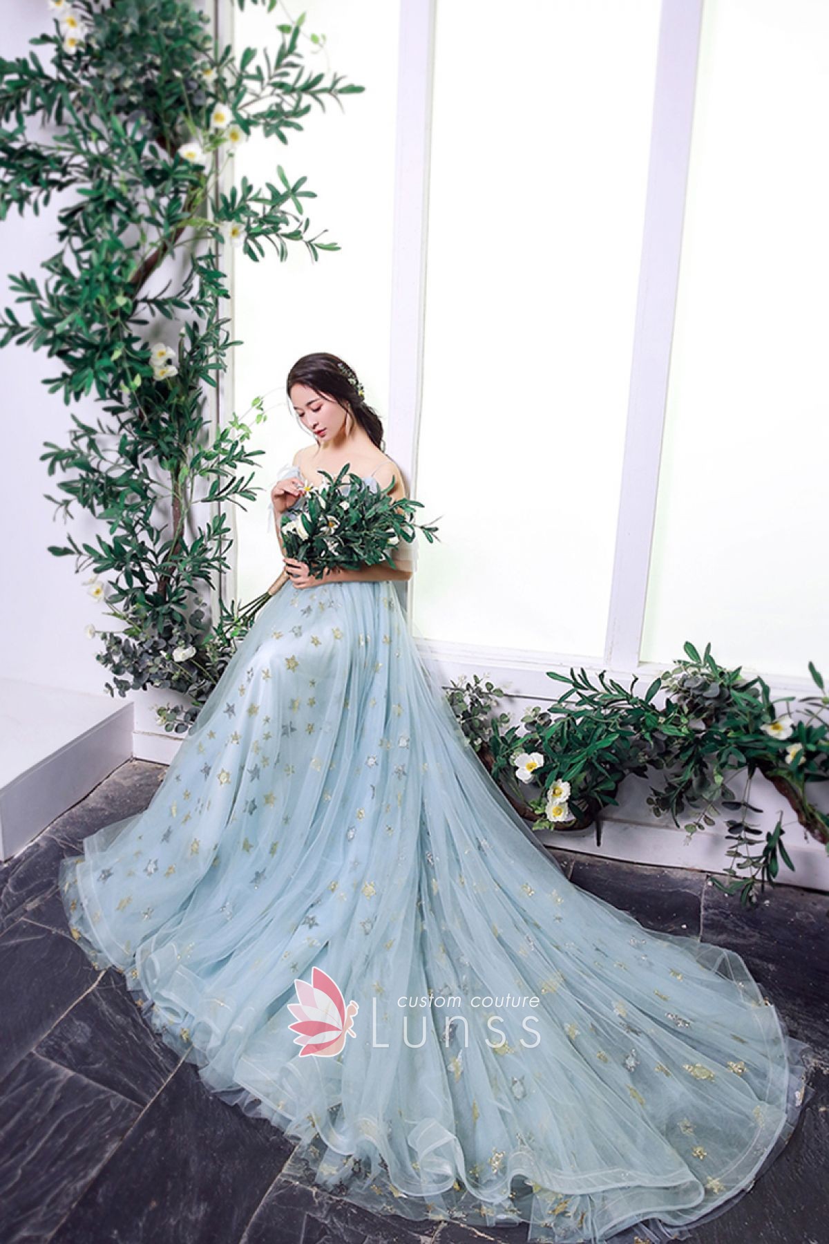 long train ice blue tulle dress with stars sequins