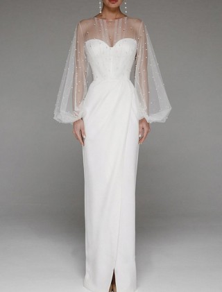 pearls sheer puff sleeve sheath slit long evening gown