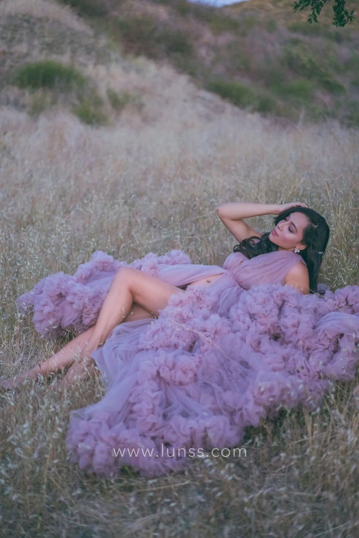 ruffled mauve tulle romantic bridal robe
