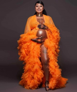 ruffled orange tulle maternity long prom gown bridal robe