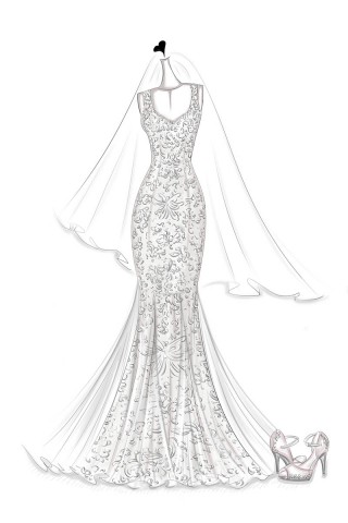 sketch of floral lace elegant mermaid wedding dress