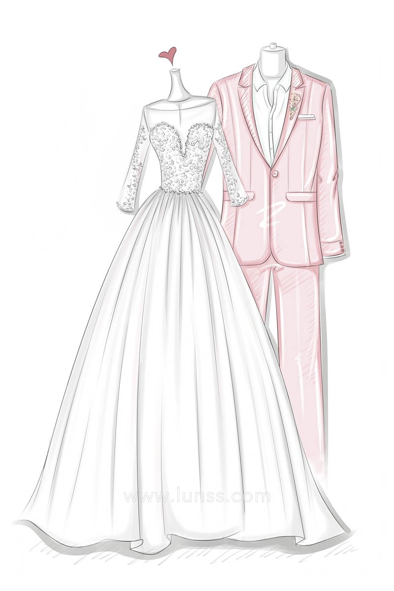 sketch of white bridal gown with grooms pink suit