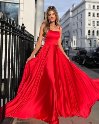 amazing red sleek satin lace up back a line prom dress