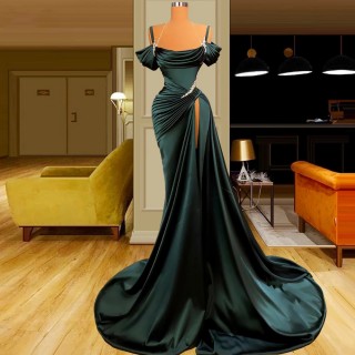 asymmetrical ruched high slit dark green satin prom dress