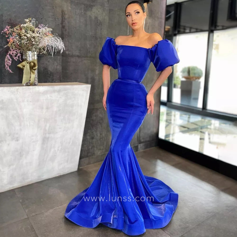 cobalt blue balloon sleeve mermaid gown