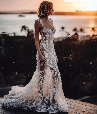 sexy sheer 3d floral mermaid tail beach wedding dress