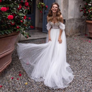2 in 1 long sleeve beaded pleated tulle bridal dress