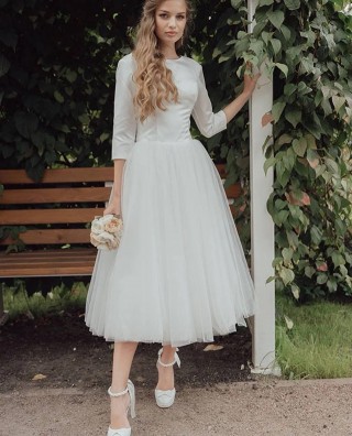 3 4 sleeve satin tulle 1950s tea length wedding dress