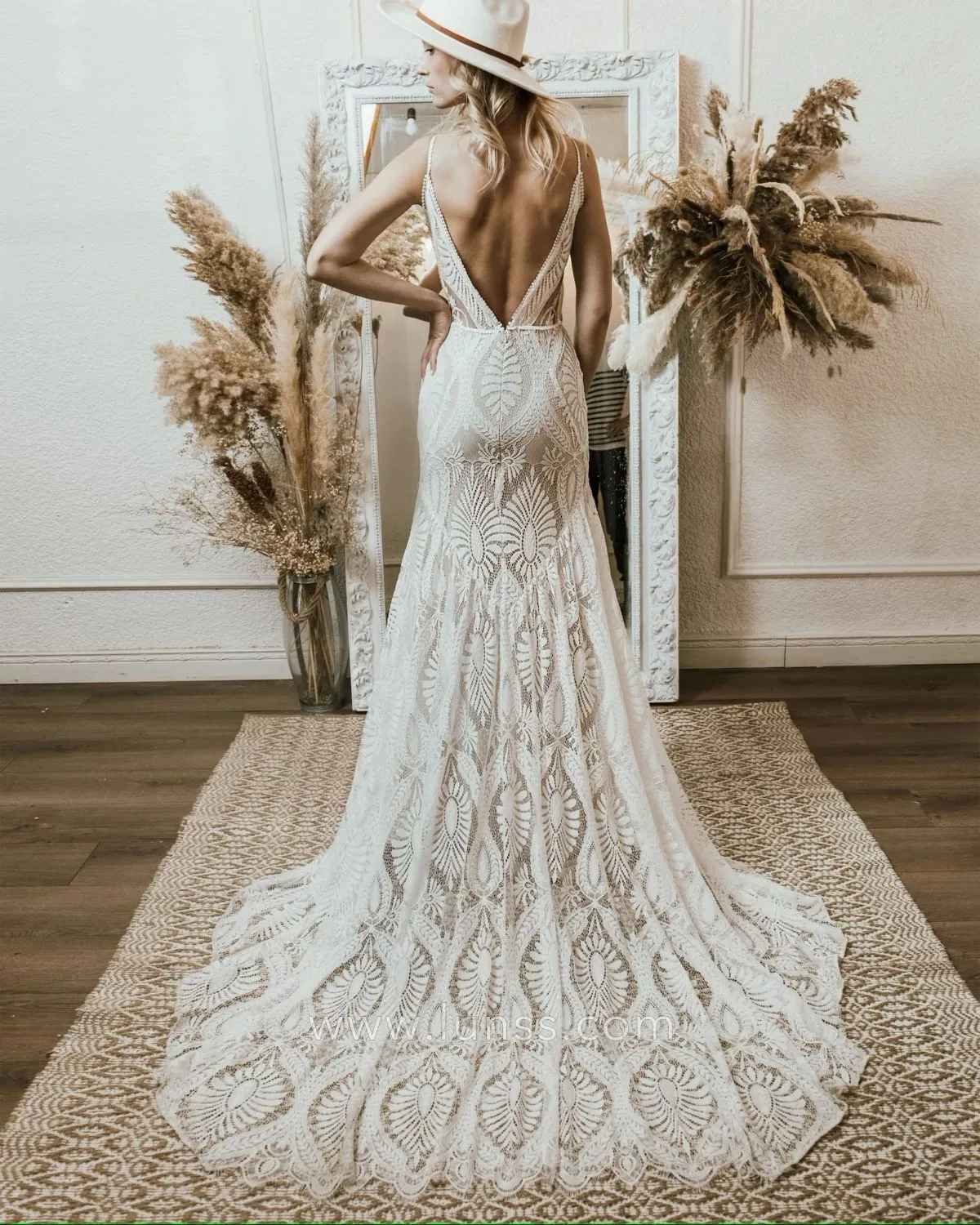 abstract lace mermaid boho wedding gown