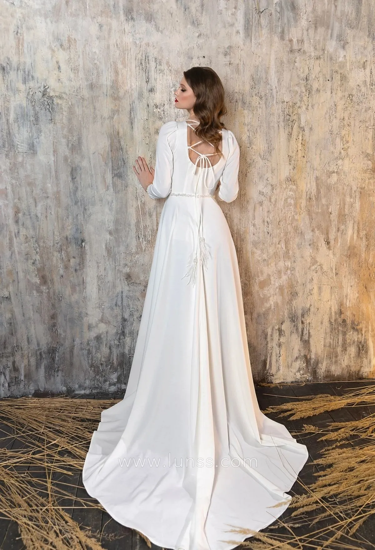 beaded waist ivory satin lace up back bridal gown with a court train beaded waist ivory satin lace up back bridal gown with a court train