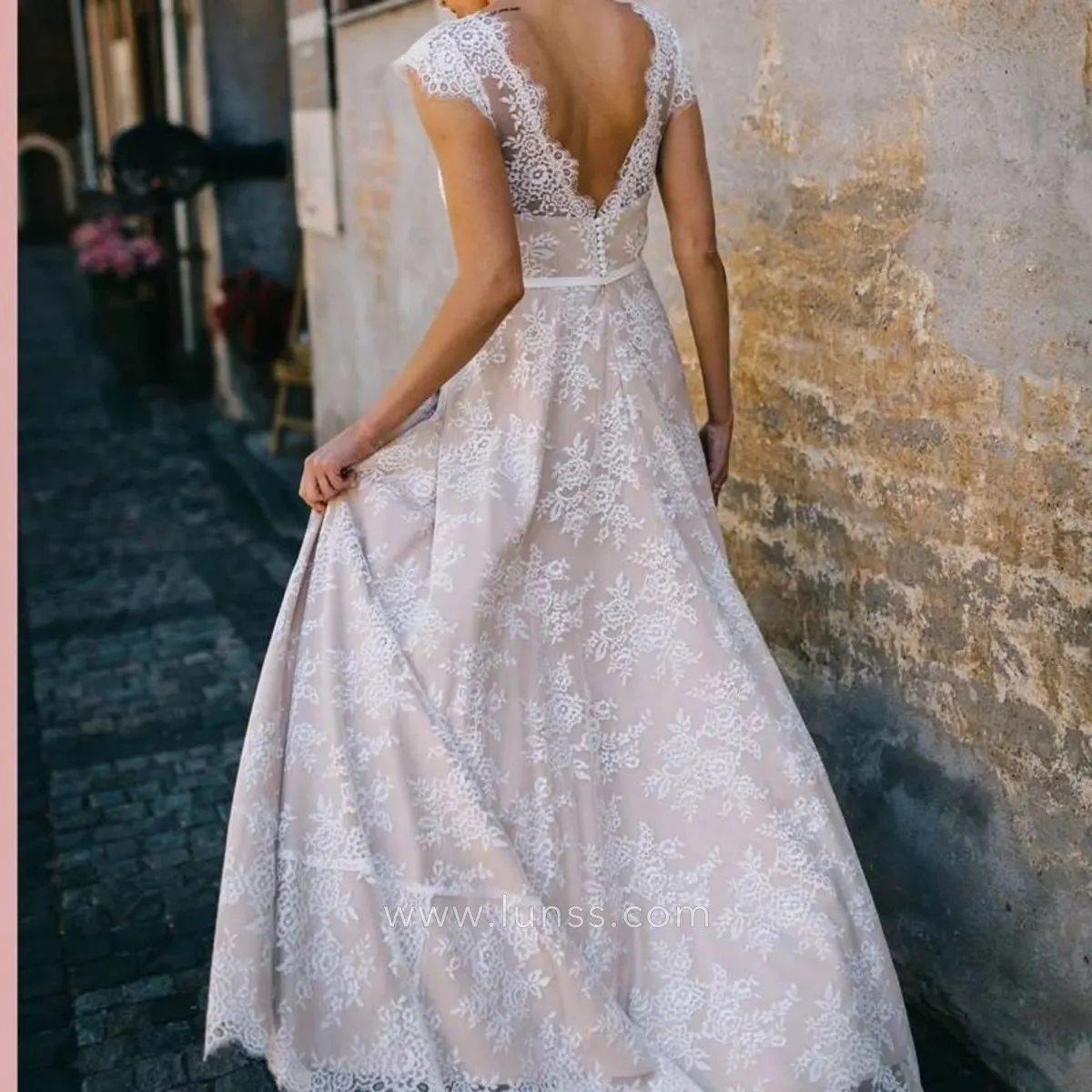 cap sleeves v back long outdoor wedding dress