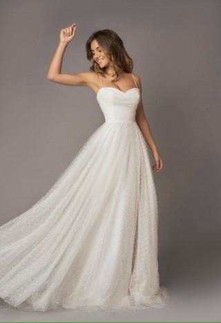 cute spaghetti straps a line dotted tulle wedding dress