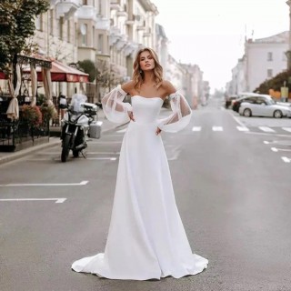 detachable puff sleeve a line satin modern wedding dress