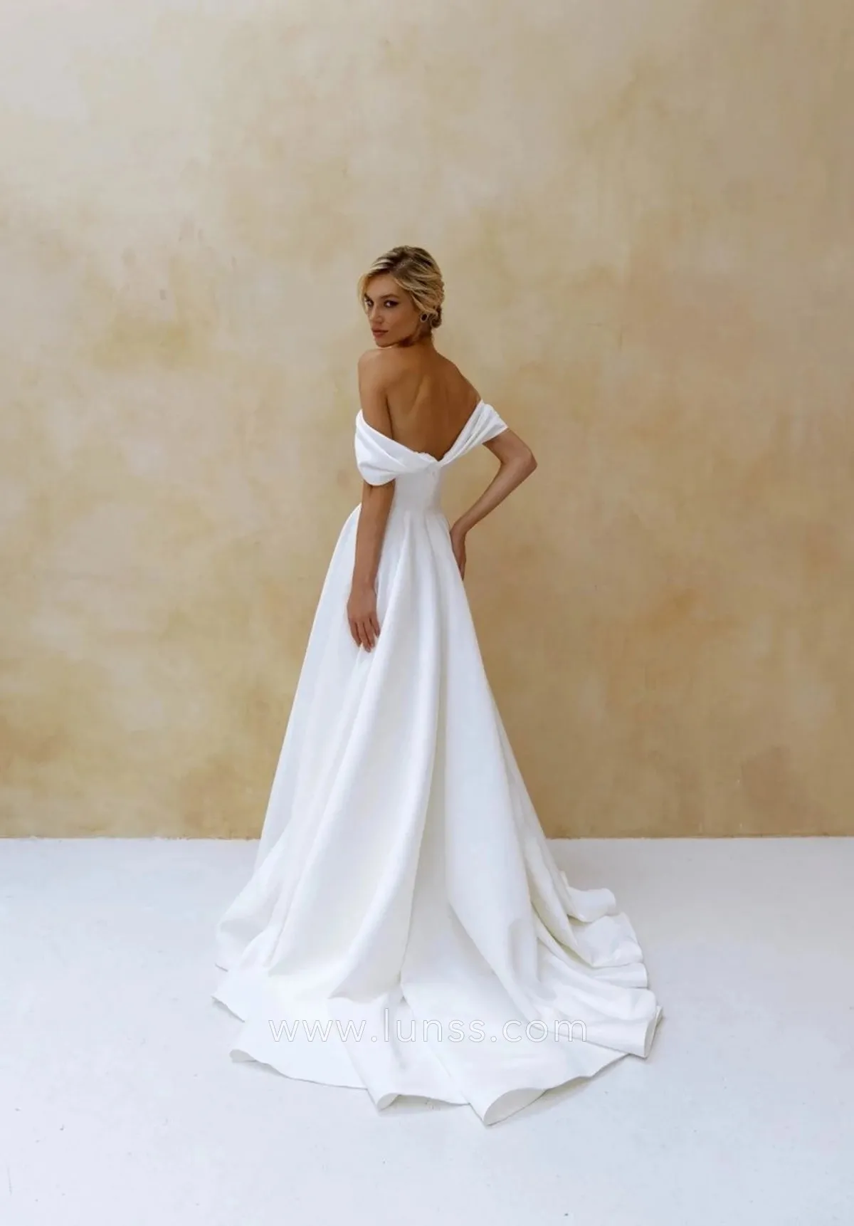ivory satin a line off shoulders long wedding dress with court train ivory satin a line off shoulders long wedding dress with court train