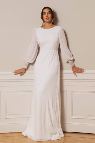 long bishop sleeve a line chiffon rustic wedding dress