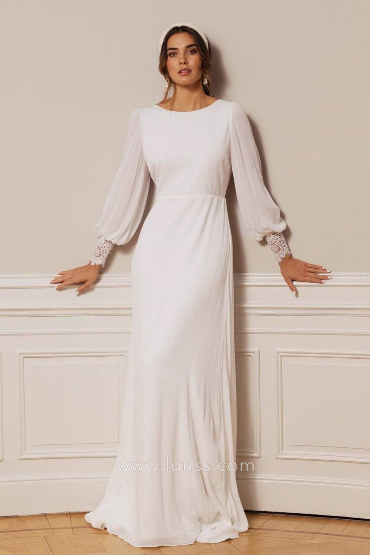 long bishop sleeve a line chiffon rustic wedding dress