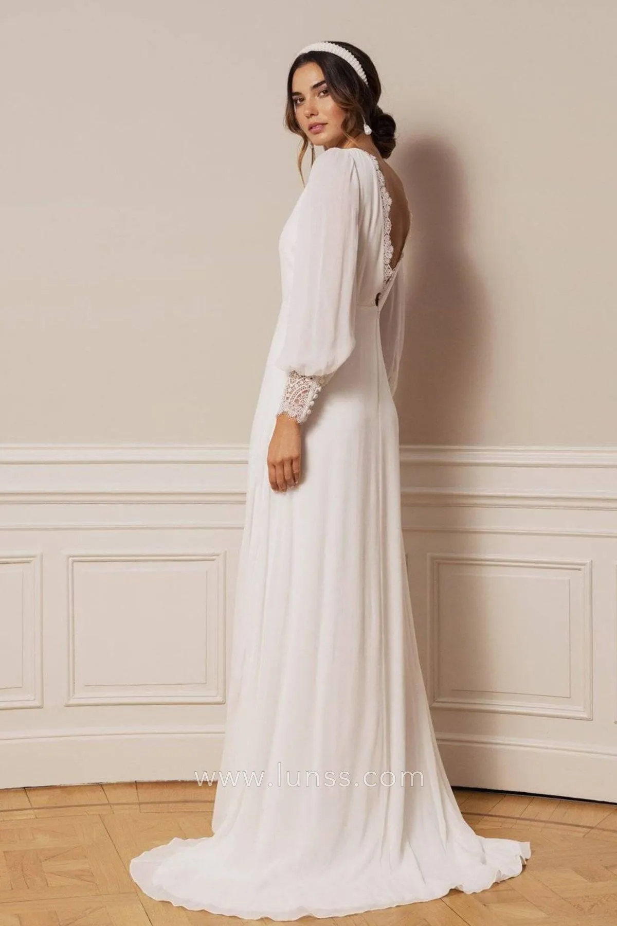long bishop sleeve a line chiffon v back wedding dress